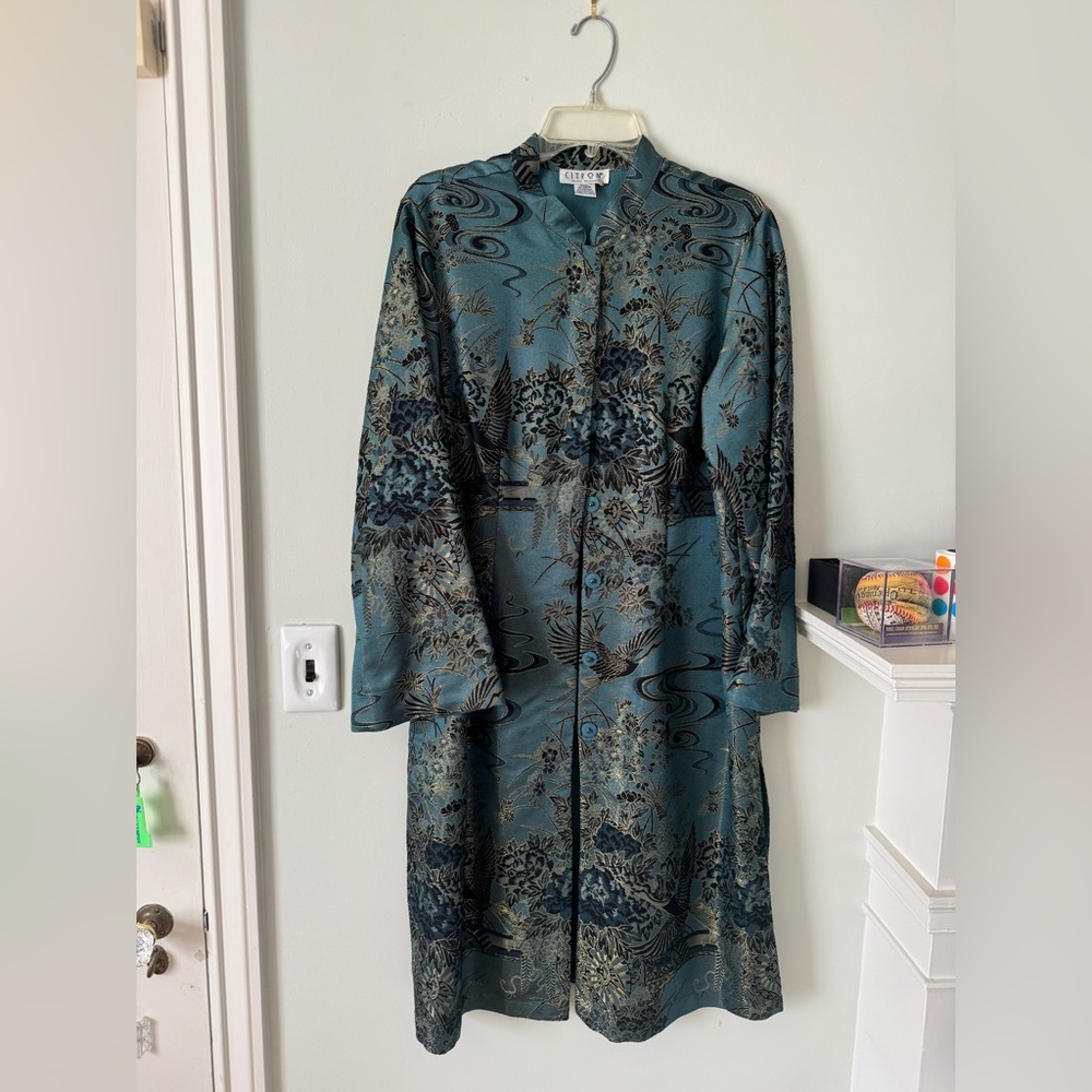 Citron Teal & Gold Brocade Long Jacket – Asian-Inspired Design with Button Front